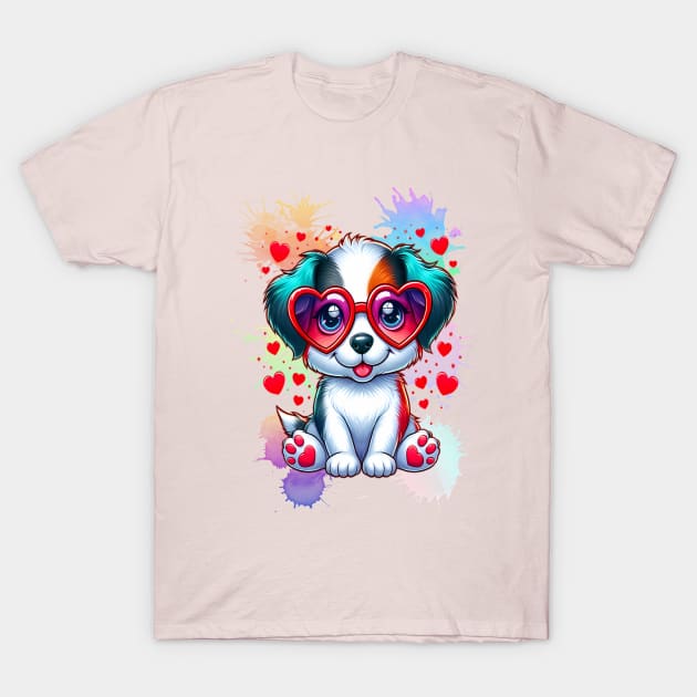 Rainbow Cute Dog Wearing Glasses Heart Puppy Love Dog Funny T-Shirt by WOLVES STORE